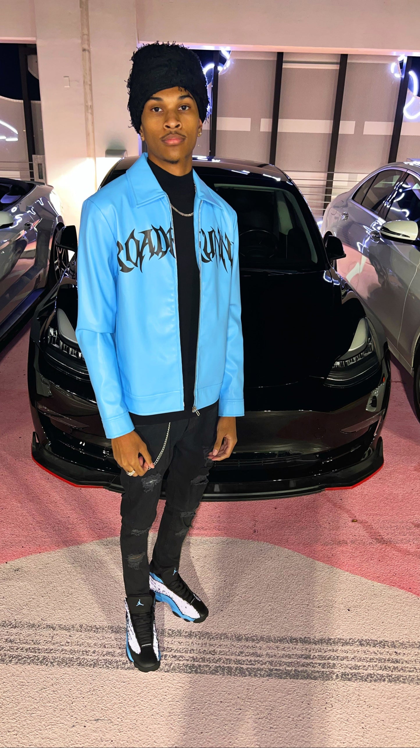 Blue/Black Leather Jacket - ShopRoadRunna